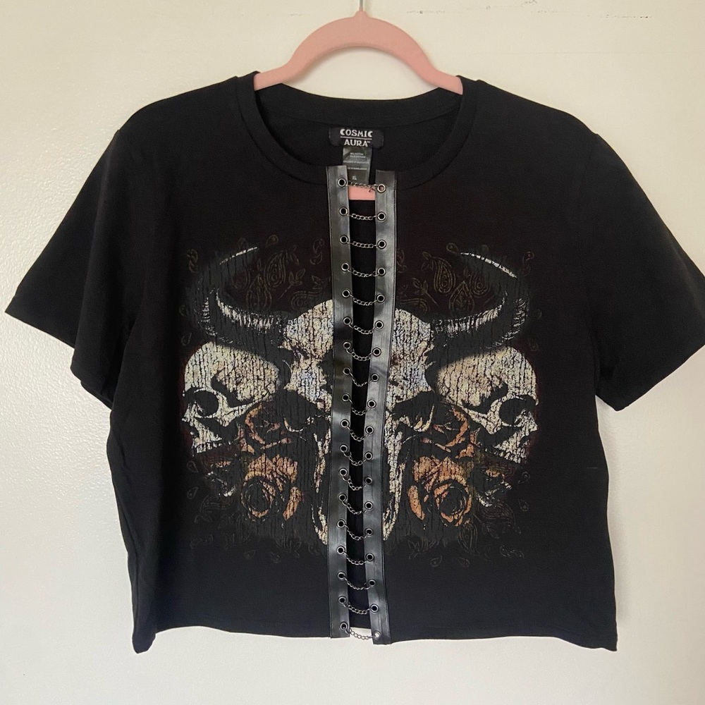 Black Graphic Tee with Skull Design